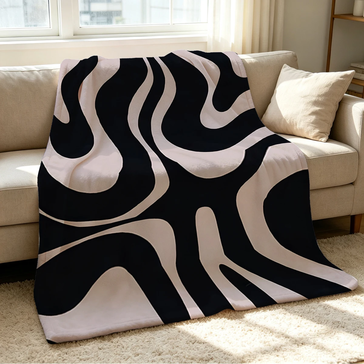 Black Cream Fluid Waves Flannel Blanket Warm Soft Halloween Christmas Couch Warm Cozy Decorative Decor Gift for All Season
