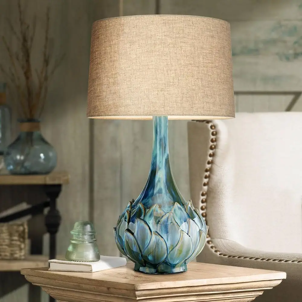 

Elegant 29.5 Tall Table Lamp with Blue-Green Glazed Ceramic Base and Beige Tapered Drum Shade for Bedroom, Living Room, or Home
