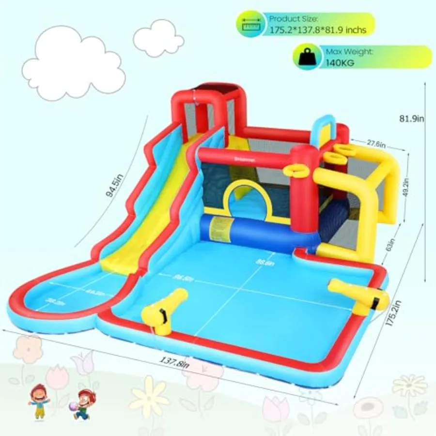 Water Slide Bounce House, Inflatable Water Slide Park with Blower, Family Backyard Jumping Castle Pool Bouncy House, Premium Qu