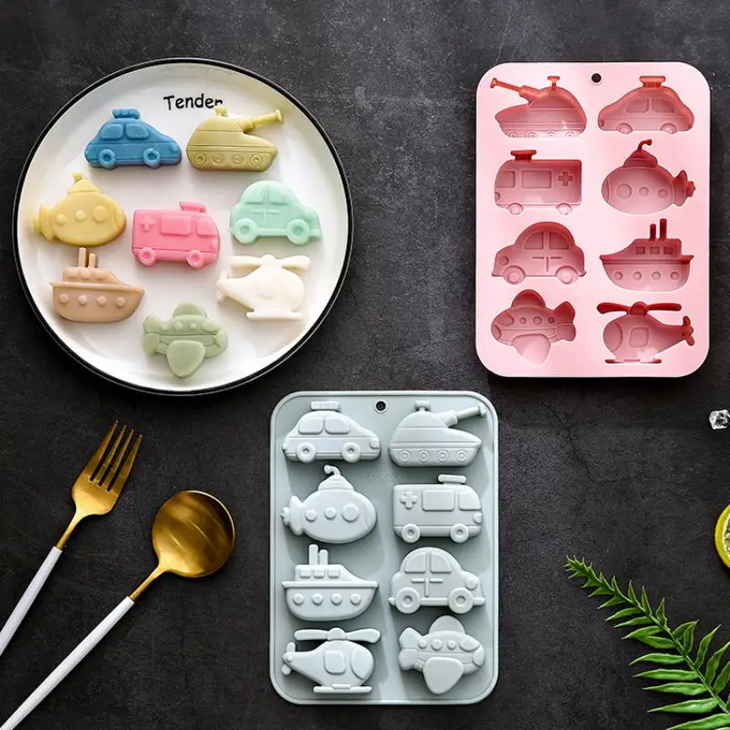 New 8 Cavity Transportation Theme Silicone Molds Car Airplane Ship Shaped Candy Mold Candy Chocolate Baking Accessories