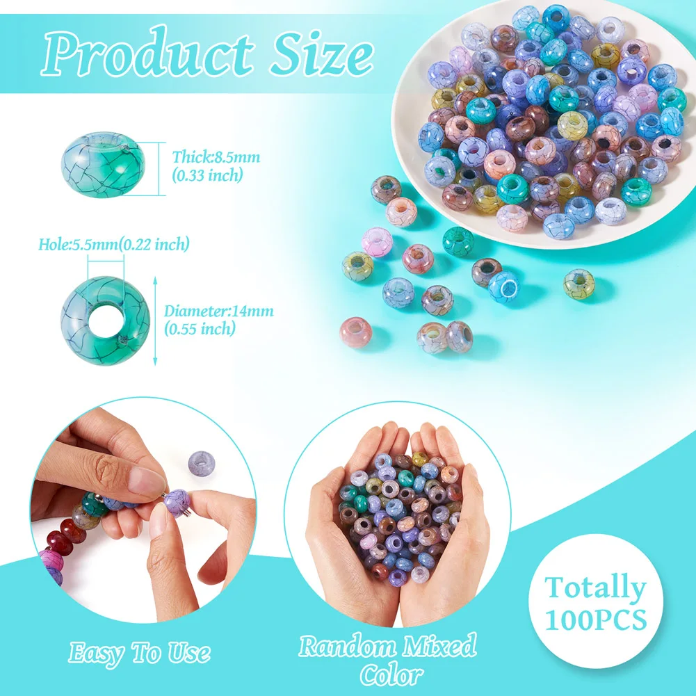 100pcs Crackle Acrylic Beads Rondelle Large Hole European Spacer Bead for Snake Chain Bracelet Necklace Jewelry Making 14x8.5mm