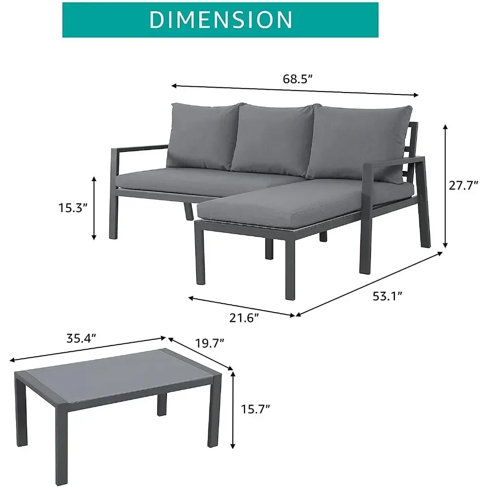 Mobília do pátio ao ar livre com Chaise Lounge, Sofá de alumínio Set, L-Shaped cadeira secional, mesa de vidro, Space Saving