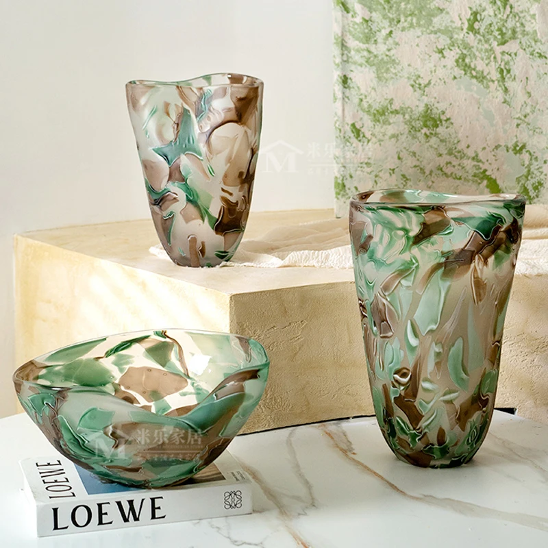 Scandinavian Camouflage Stained Art Glass Vase Fruit Plate Table Vase Flower Arrangement Hydroponic French Decorative Ornaments