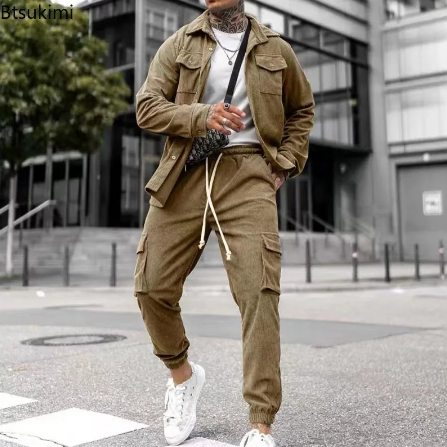 2024 Men's Corduroy Two Pieces Solid Long Sleeve Lapel Button Coats and Pants Fashion Tooling Casual Sport Suits Male Streetwear