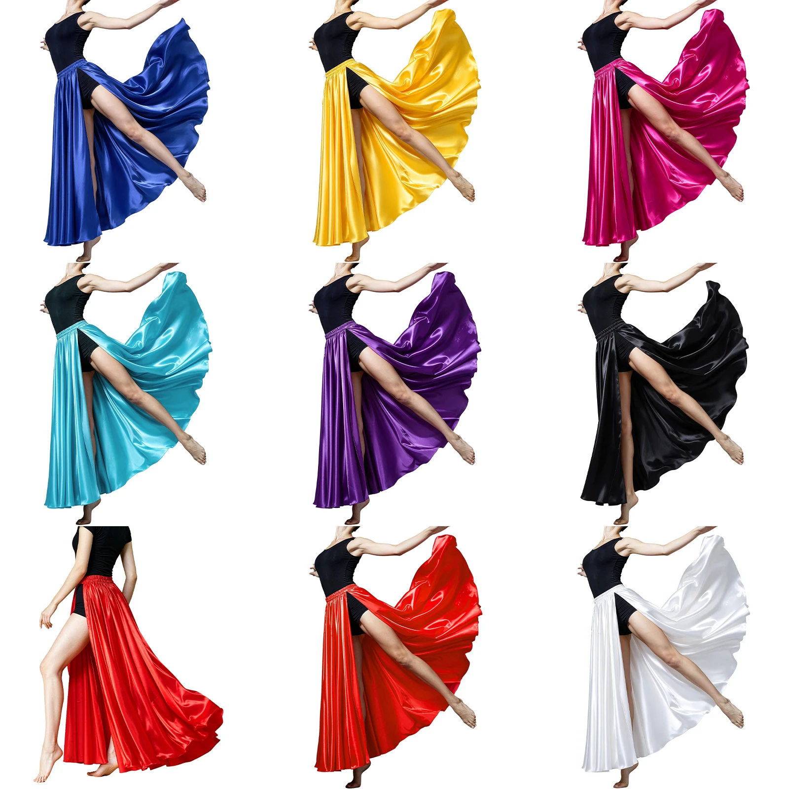 Women Flamenco Performance Costume Elastic Waist Side Split Satin Skirt Belly Dancing Spanish Bullfighting Dance Latin Dancewear