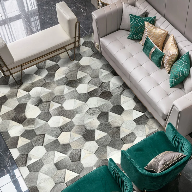 

American Style Grey Real Cowhide Living Room Carpet Plaid Handmade Patchwork Rugs for Bedroom Genuine Cow Leather Cloakroom Mat