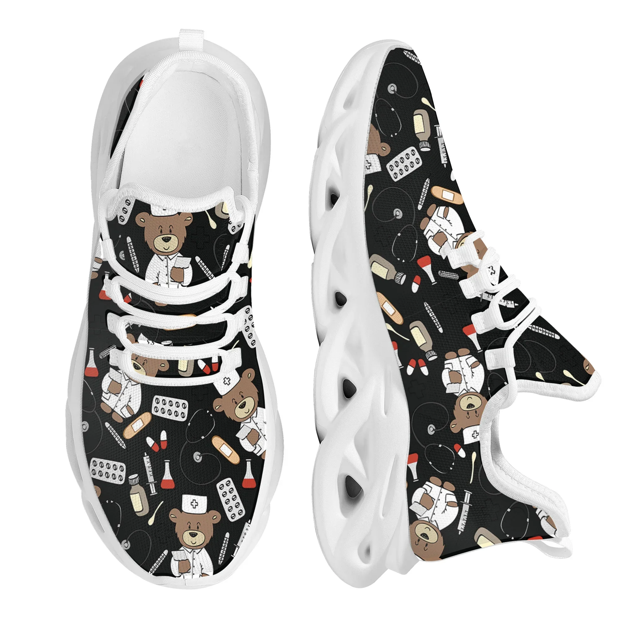 Cute Bear Nurse Women Sneakers White Nursing Shoes Cute Cartoon Nurse Doctor Medical Print Light Lace-up Flats Footwear