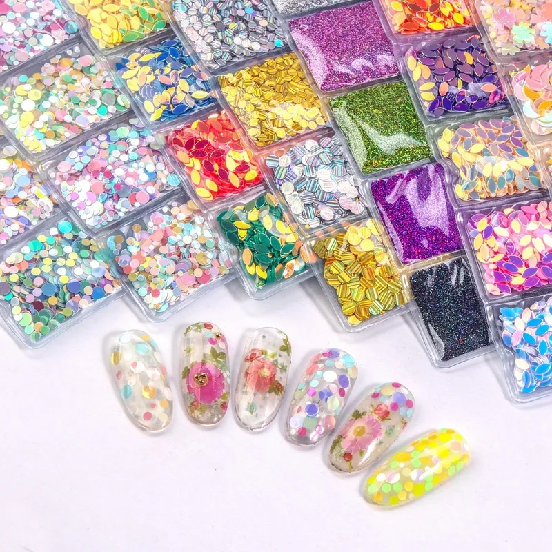 1 Beutel mit 6 Fächern Nagel-Glitzer-Pailletten in Herz-/Rund-/Mondform, mehrfarbige holografische 3D-Applikationen für Nagel-Glitzerflocken-Set