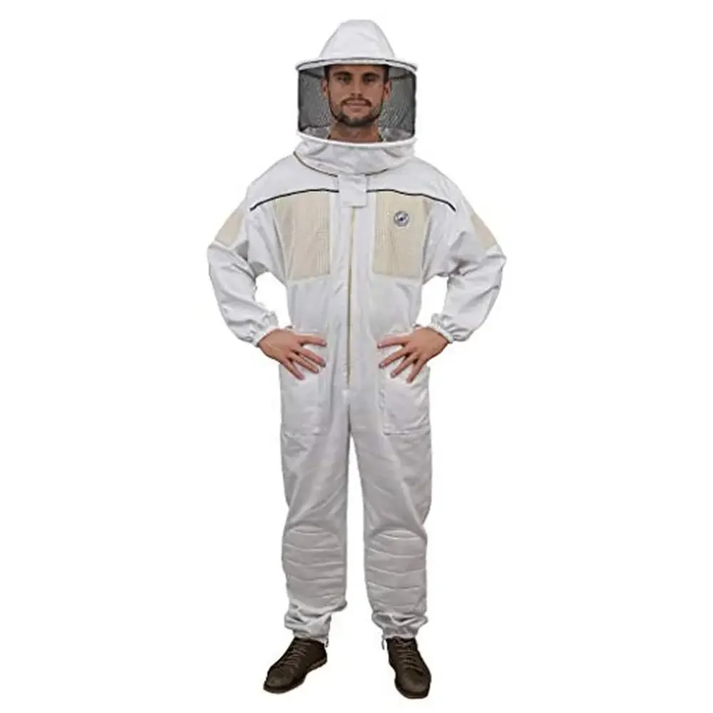 

Ventilated Beekeeping Suit Round Veil Heavy Duty Brass Zippers Double-Stitched Pockets Medium-weight Cotton/Synthetic Blend