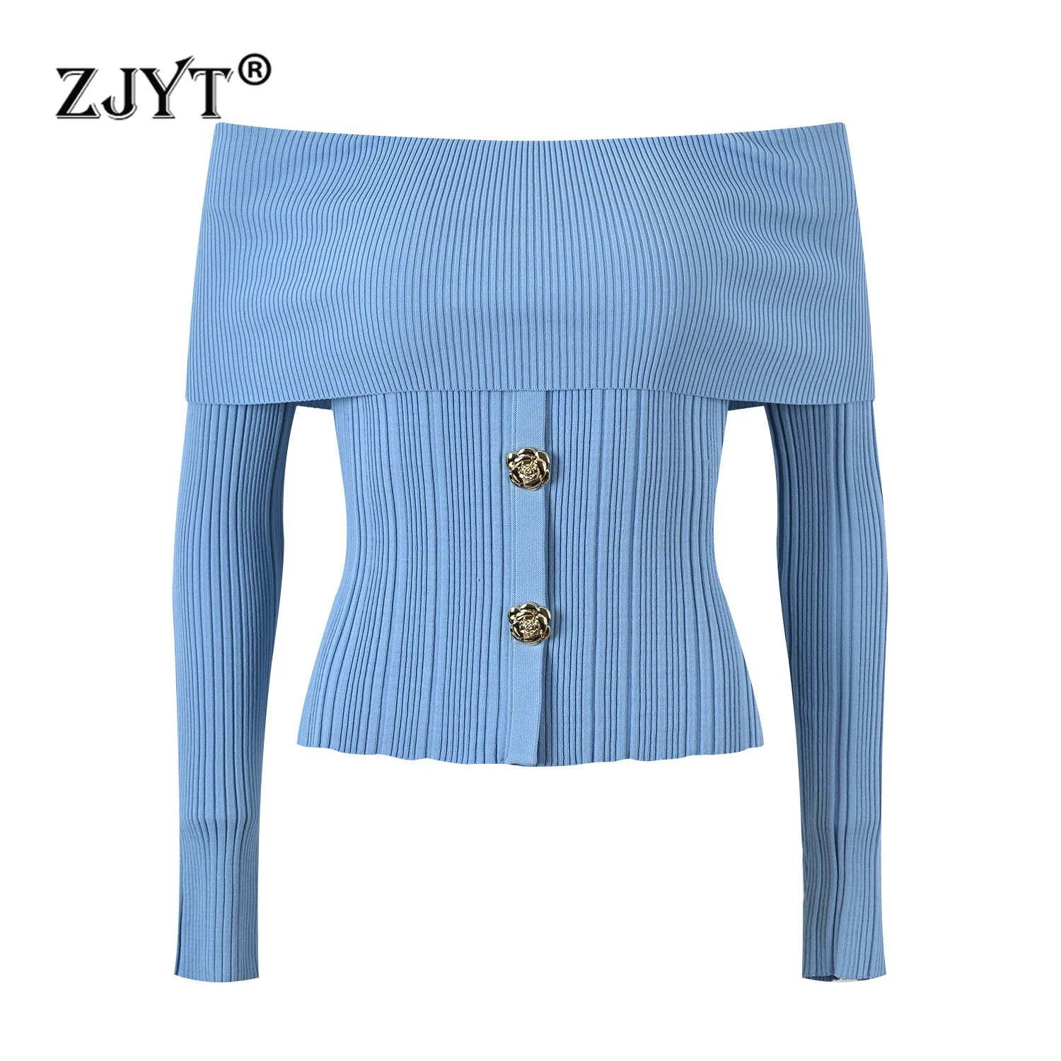 

ZJYT Elegant Women's Slash Neck Sweaters Long Sleeve Pullovers Knitting Tops Skirts Autumn Winter Party Sexy Suits Blue White