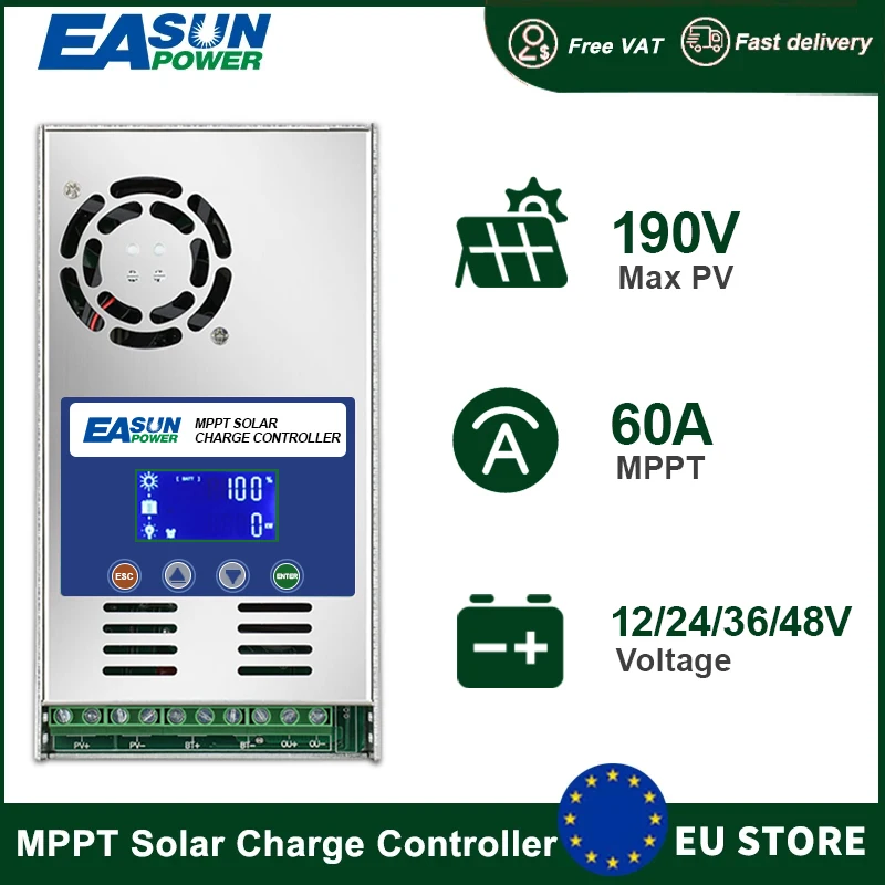 MPPT 60A Solar Charger Controller and Discharge Controller LCD 12V 24V 36V 48V Auto for Max PV 190VOC Lead Acid Lithium Battery