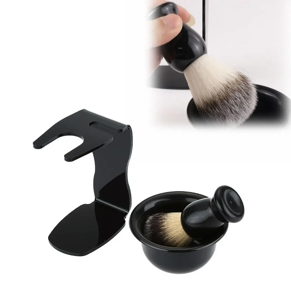 3PCS Nylon Bristle Shaving Brush Set 2-in-1 Design Lathering Bowl Shaving Brush Stand Brush Holder Black Beard Shaving Tool