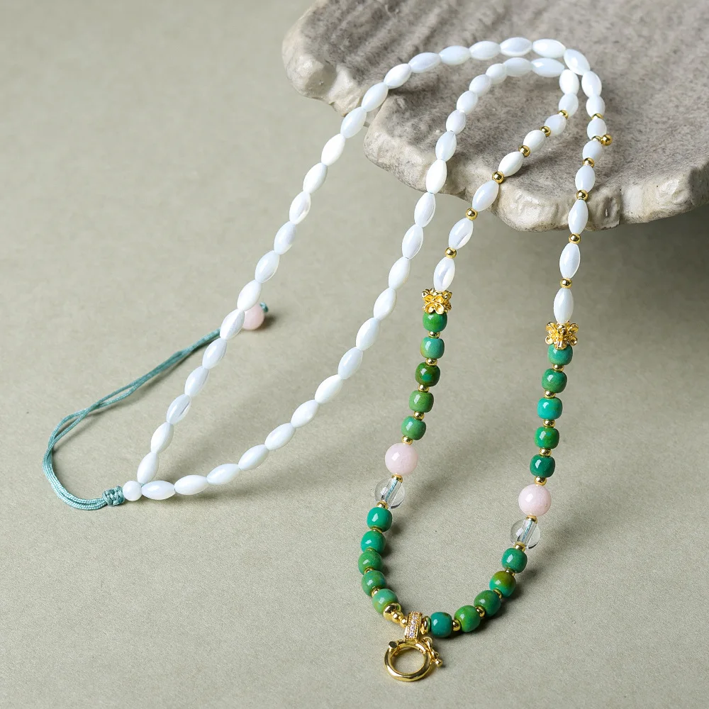 

Новые китайские синие бирюзовые рисовые бусины ручной работы с жемчужной ракушкой, универсальный кулон, веревка, ремешок в национальном стиле, ювелирные изделия