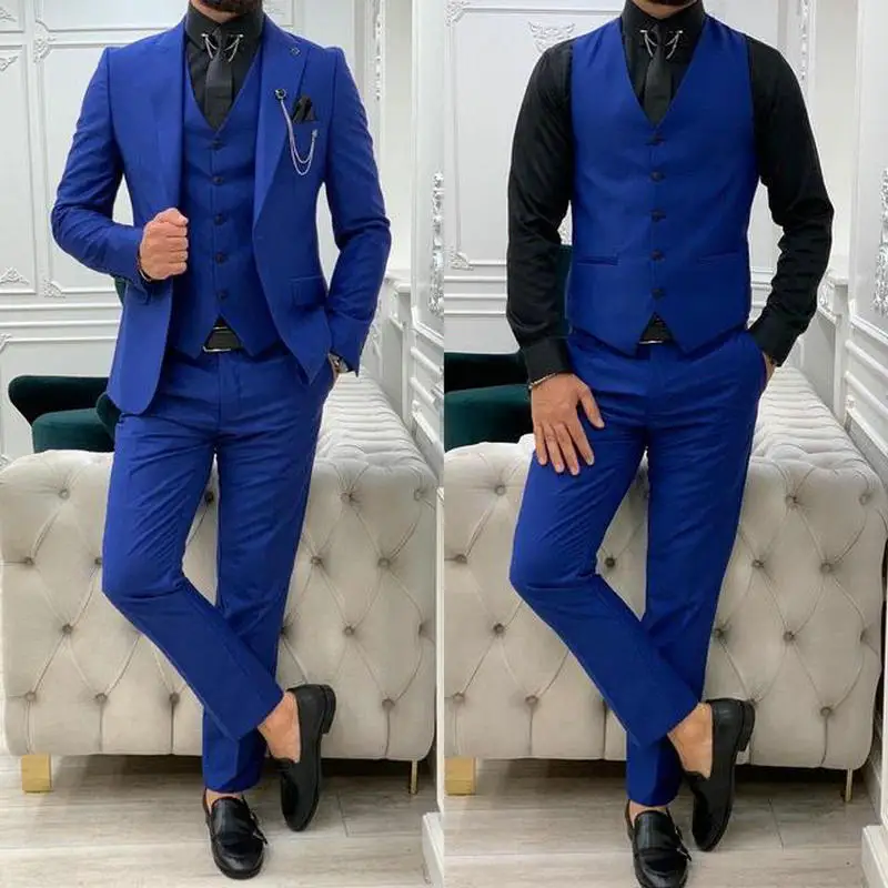 

JELTONEWIN Costume Homme Mariage 3 Pieces Men Suit Set 2022 Blue Slim Fit Terno Masculino Formal Tuxedo Groomsmen Wedding Suit