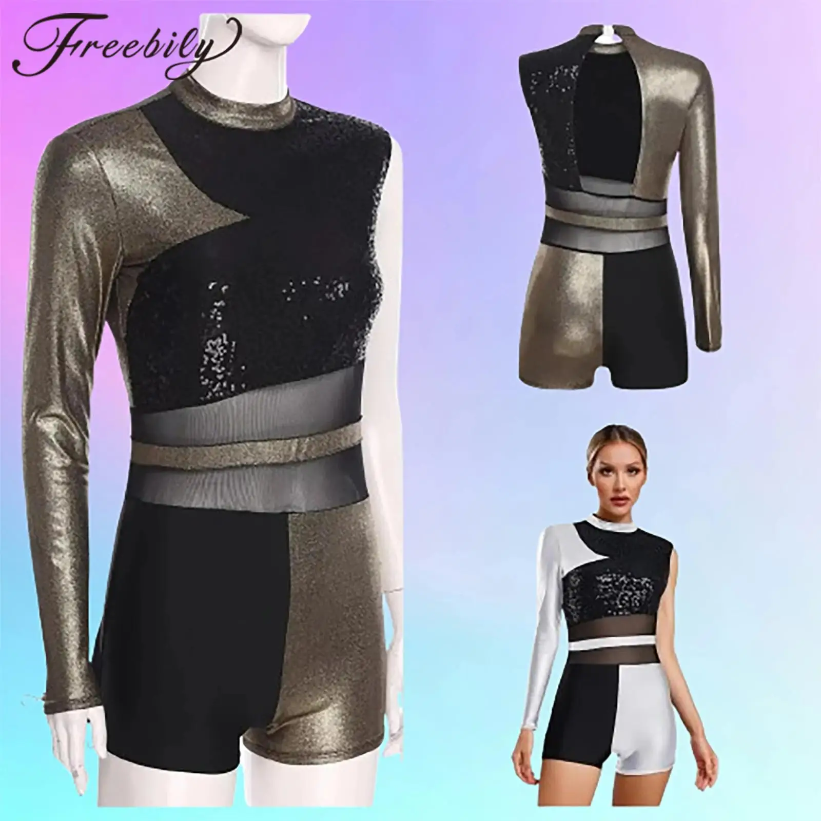 Adult Sequins Gymnastics Leotard Ballroom Boyshort Bodysuit Metallic Shiny Costumes Ballet Jazz Dance Leotard Shorty Unitrards