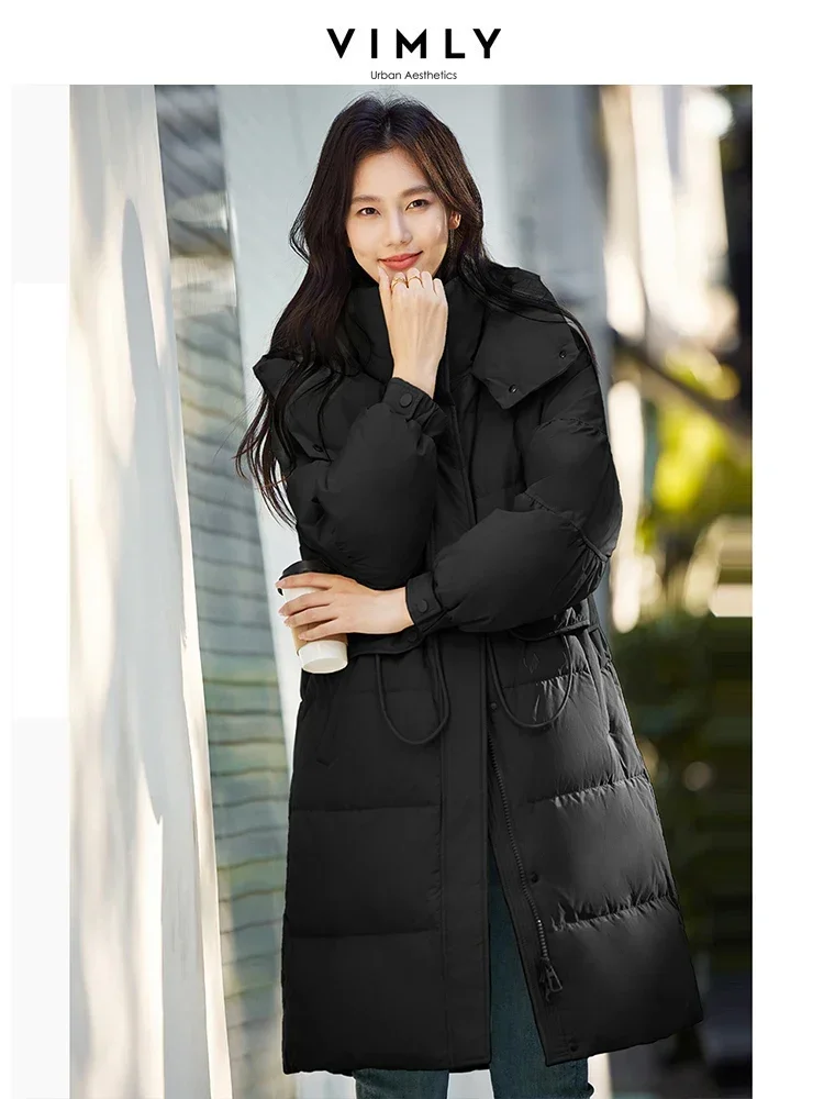 VIMLY Women\'s Commuter White Duck Down Jacket Thick Loose Outerwear Warm Lapel Hooded Overcoat Urban Casual Long Parka Coat