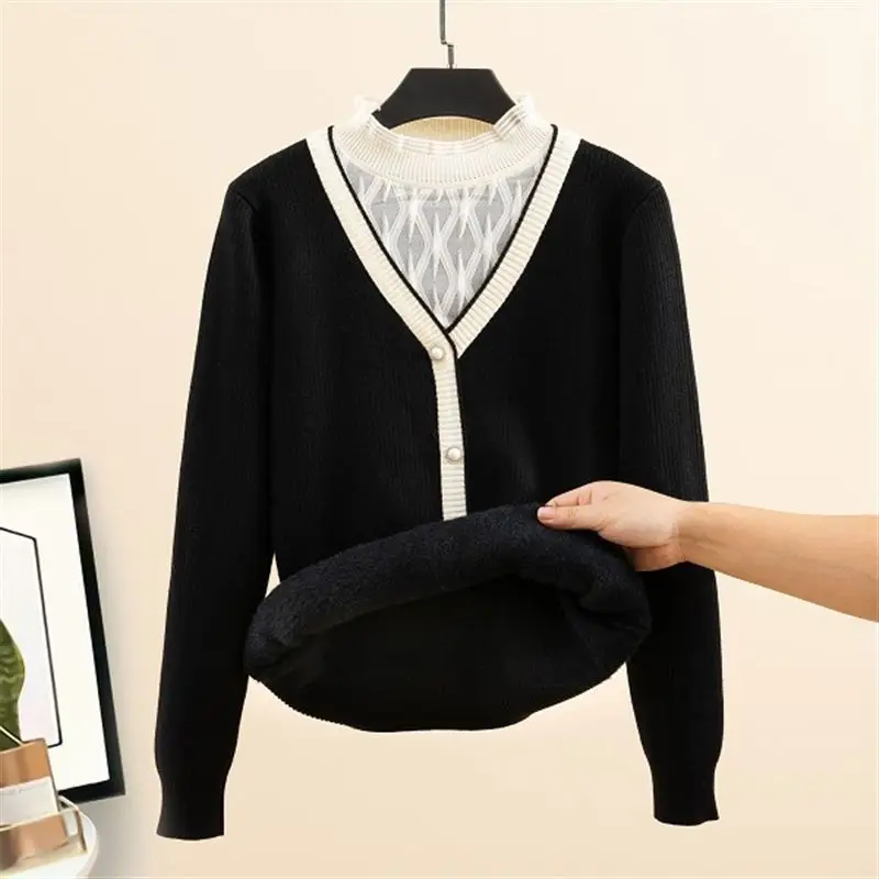 Add Velvet Thick Lace Half High Collar One-piece Velvet Sweater Women's Korean Version Fake Two-piece Base Knit Sweater Top