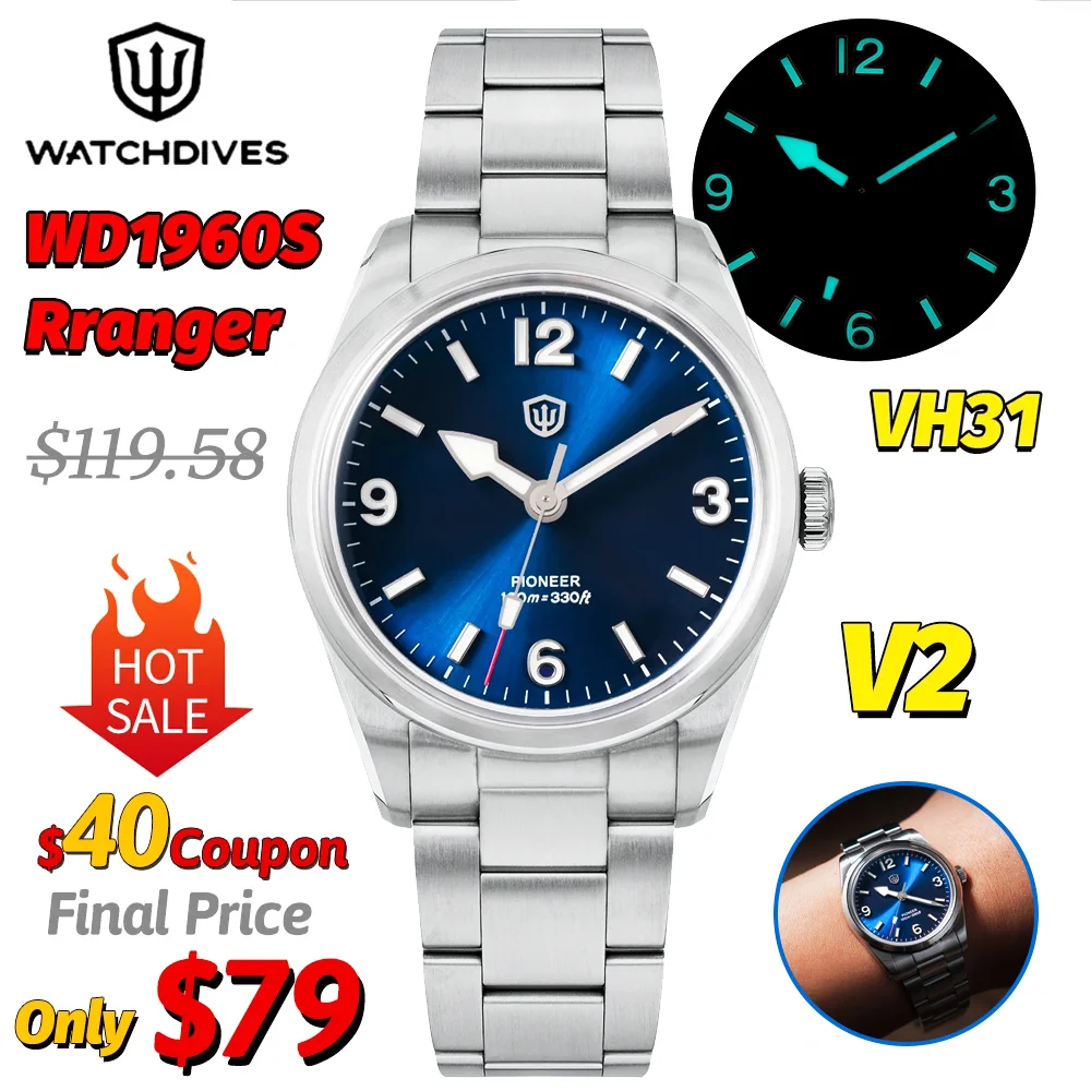 

Watchdives WD1960S V2 Кварцевые часы VH31 Sweep Seconds Movement Bubble K1 Сапфировые светящиеся водонепроницаемые винтажные часы 36 мм Мужские