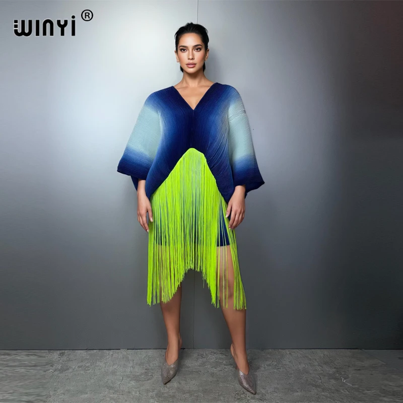 WINYI Gradual tassel Elastic slim dress Women crumple Design Loose boho robe holiday Party Elegant Pleated dress party dress