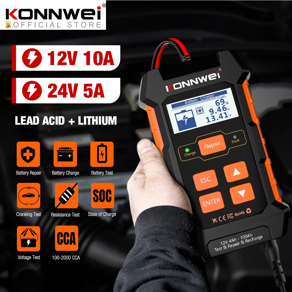 KONNWEI KW520 12V 10A 24V 5A Automatic Car Truck Battery Tester Charger Lead Acid Car Battery Pulse Repair Tool AGM Gel Lithium