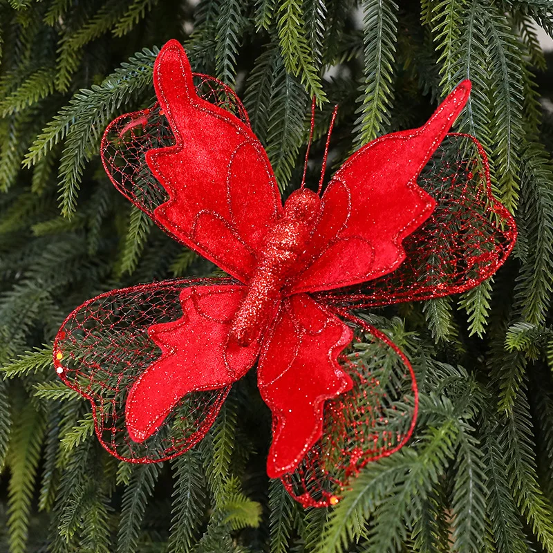 Pendentif papillon 3D en tissu haut de gamme, 20cm, paillettes, simulation de paillettes, pour décoration d'arbre de noël, fête d'anniversaire de mariage