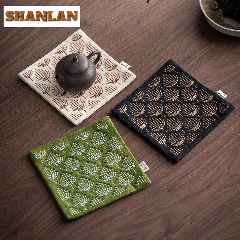 Sashiko Embroidery Dandelion Pot Bearing Holder Teaware Heat Insulation Pad Dry Soaking Table Tea Tray Coasters Cha Ornaments view 6