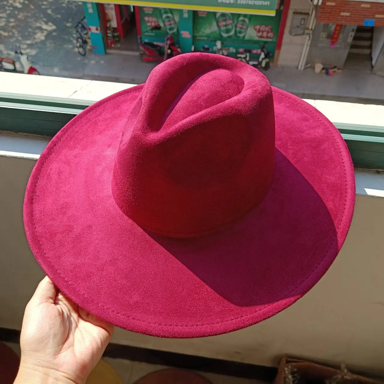 Suede hat Rose Red Large Edge Droplet Top 9.5cm Hemline Fashion Hat Unisex Suede Jazz Hat  sombrero mujer  모자