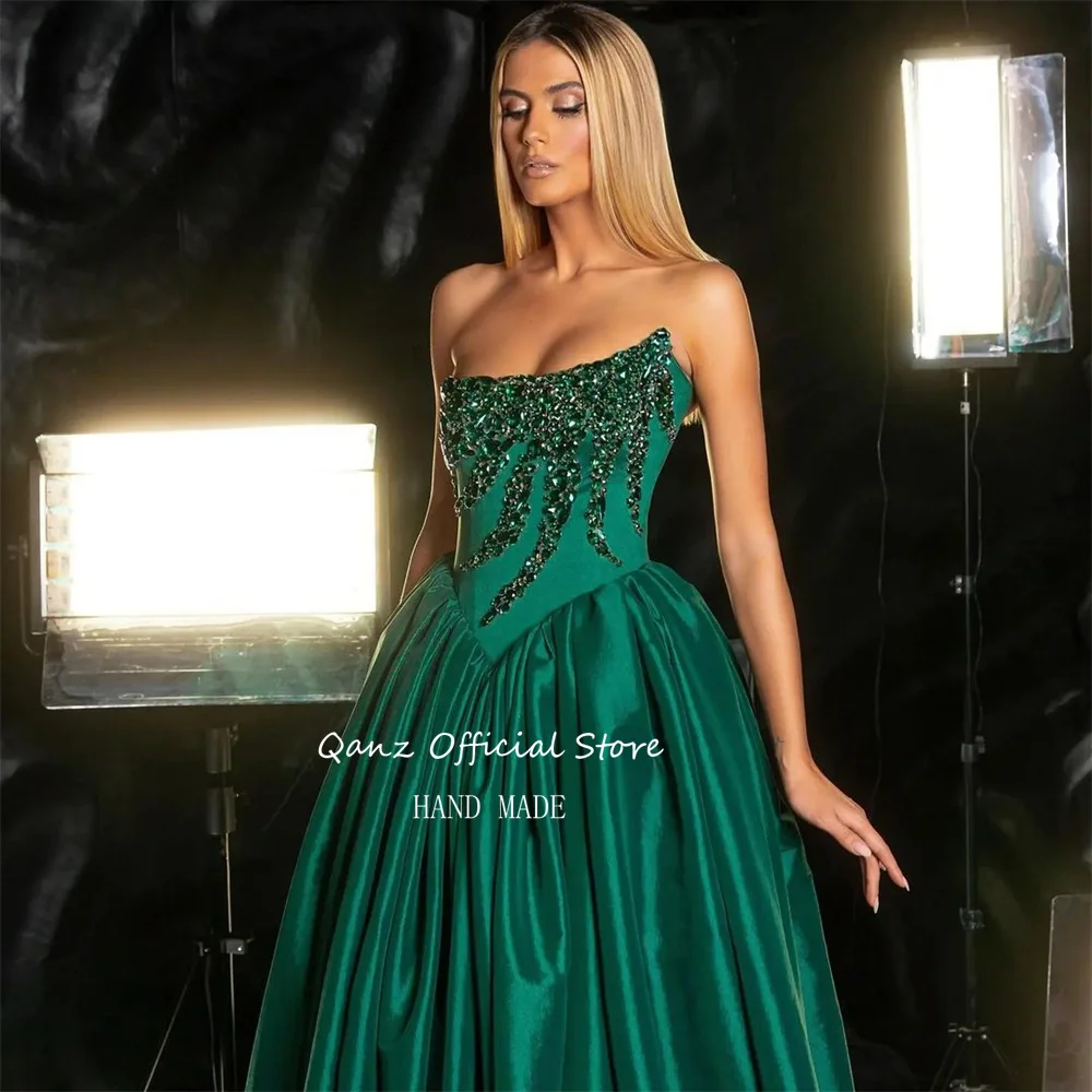 Qanz Emerald Green Evening Dresses Luxury Long A Line Crystal Floor Length Vestidos De Gala Mujer Dresses For Women Customized