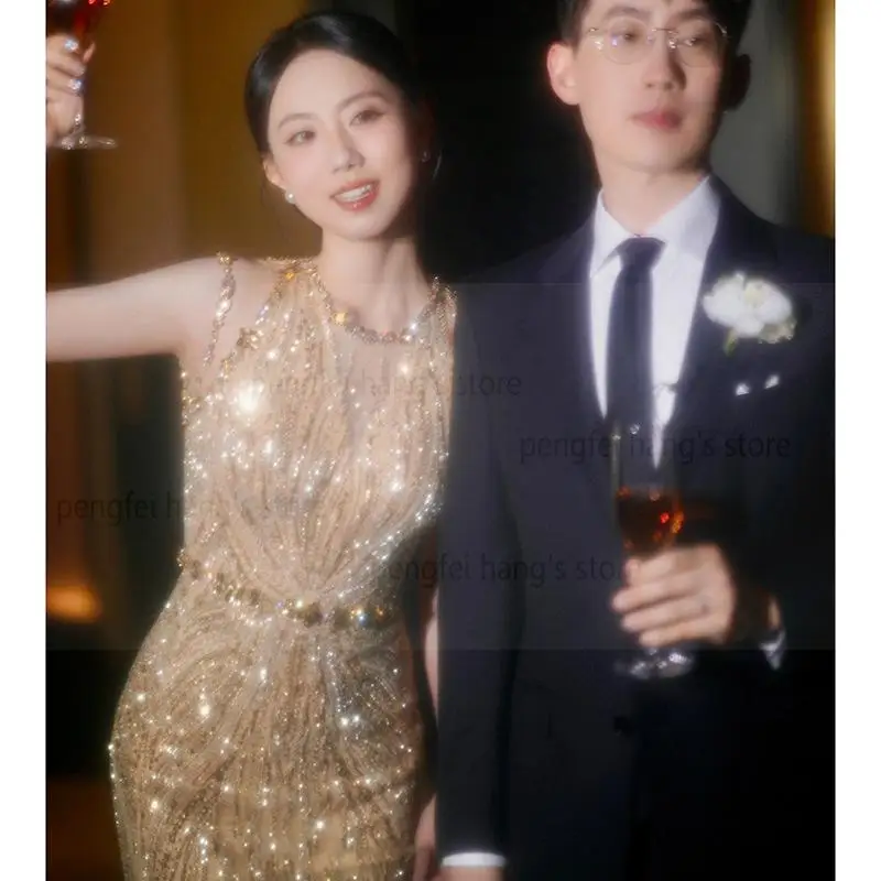 Gold Bride Wedding Banquet Gown Luxury Sequins Mermaid Vestidos Long Robe De Soiree Lady Sleeveless Cheongsam Maxi Dress