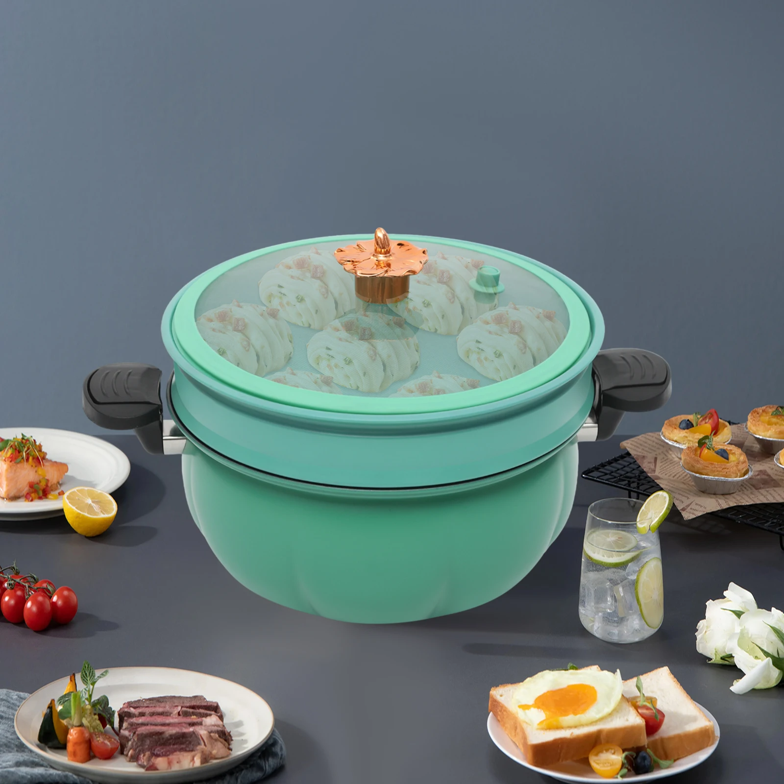 قدر ضغط صغير من الحديد باللون الأخضر/البرتقالي، وعاء طبخ ضغط على شكل يقطين سعة 8 لتر مقاس 38*24 سم للمطابخ المنزلية والمهاجع