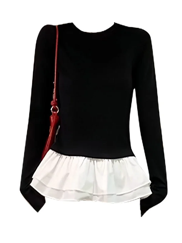 

Женская длинная футболка в стиле ретро с кружевными вставками, облегающая, базовая, осенний дизайн, цвет черный балетный