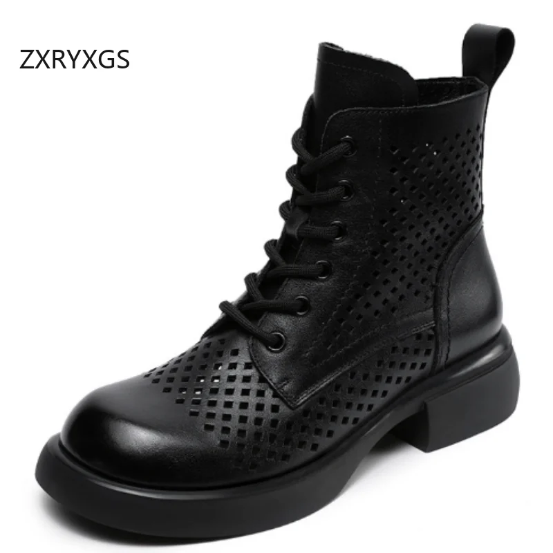 

ZXRYXGS Полые ботинки премиум-класса из натуральной кожи, модная обувь 2025 года, женские дышащие крутые ботинки на среднем каблуке с перекрестным ремешком и боковой молнией