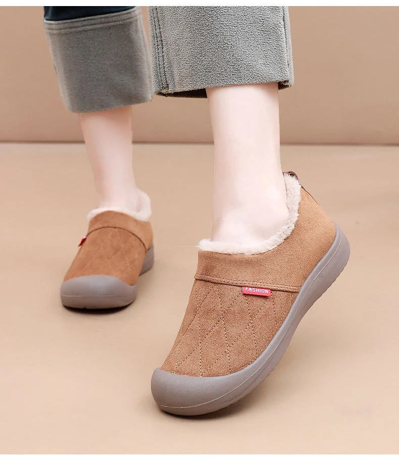Damen Winter Warme Plüschgefütterte Slip-On Loafer Gestepptes Obermaterial Rutschfeste Weiche Sohle Lässige Baumwollschuhe zum Gehen – Detail 13