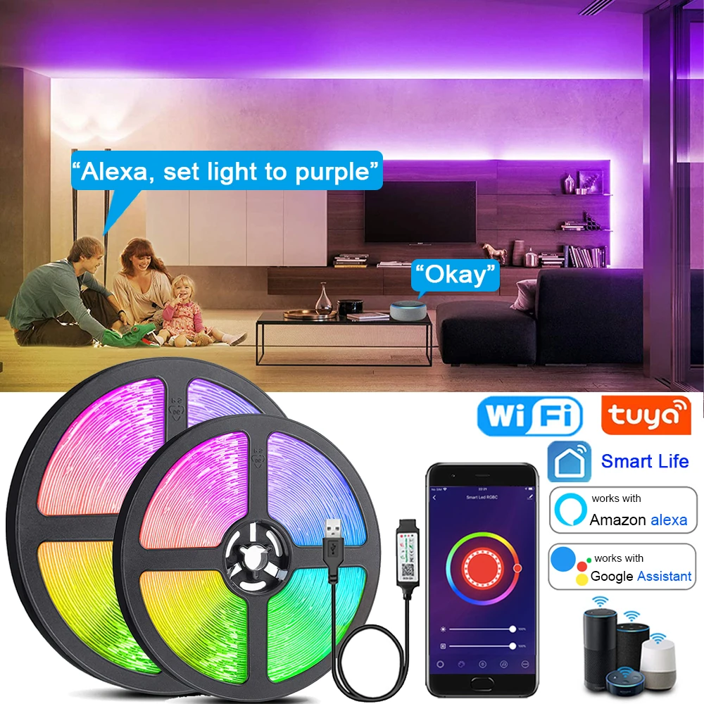 Smart Wifi Led Strip Lights RGB 5050 Led Tape Tuya Smart Life App Controlled, work with Alexa Google Home, for Party Room Decor