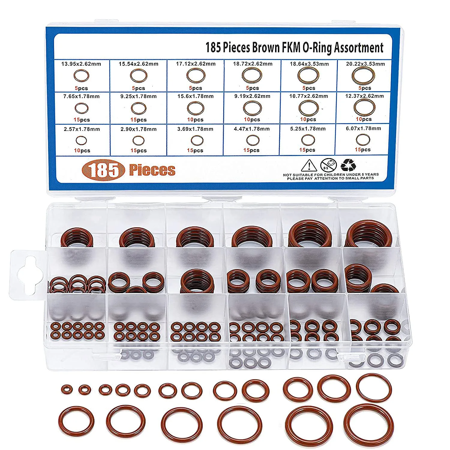 

185 Pieces FKM Brown O-Ring Kit,75A Durometer,18 Kind AS-568 Standard Sizes,ID 2.57mm-20.22mm Thickness 1.78mm 2.62mm 3.53mm