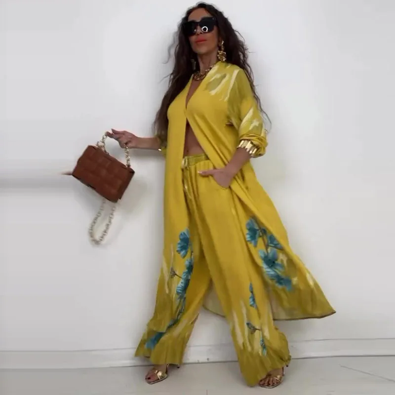 Ensemble 2 pièces musulman pour femmes, manteau Long, Robe, pantalon à jambes larges, imprimé, simple boutonnage, tenues arabes dubaï Islam 2025, 2025
