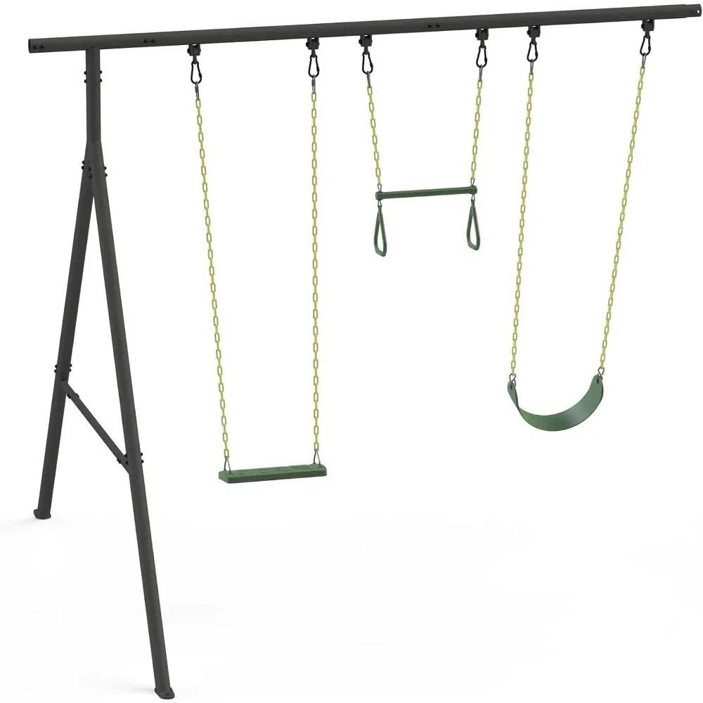 

8’ Ultimate Adventure Kids Swing Set Extension Frame – Modular Metal Frame with 1 Belt Swing, 1 Flat Swing, & Trapeze Bar