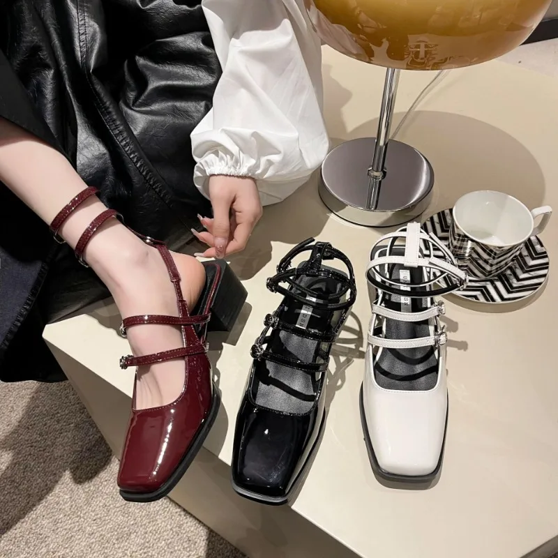 Women Fashion Single Shoes Spring New Retro Small Leather Shoe Square Headed Mary Jane Shoes Soft Sole Lace Up Sandals