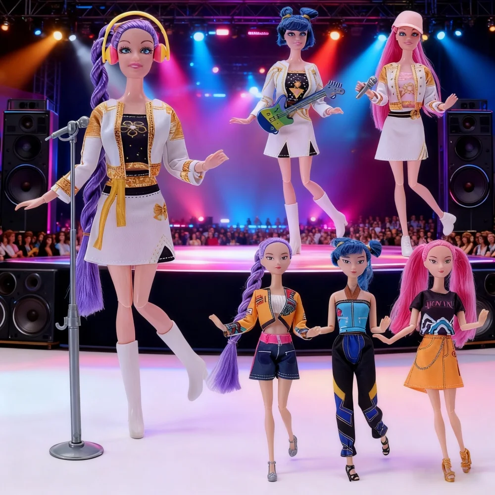 

30cm K-Pop Demon Hunters Idol Group Anime Girl Doll Clothes Gold Jacket & Printed Skirt Cartoon Figurines Stage Performance Set