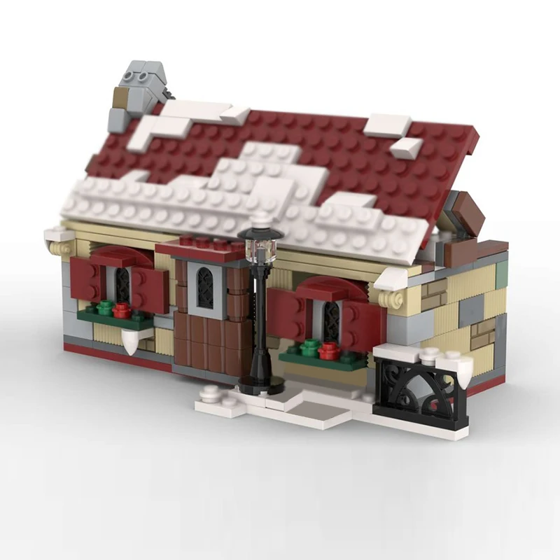 Modelo de vista de rua moc tijolos de construção aldeia de inverno pequena casa tecnologia modular presentes feriado montar crianças brinquedos terno