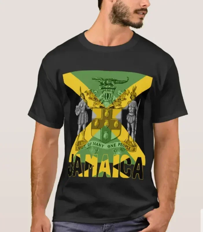 

Fashion Jamaican Flag with Coat of Arms T-Shirt 100% Cotton O-Neck Summer Short Sleeve Casual Mens T-shirt Size S-3XL