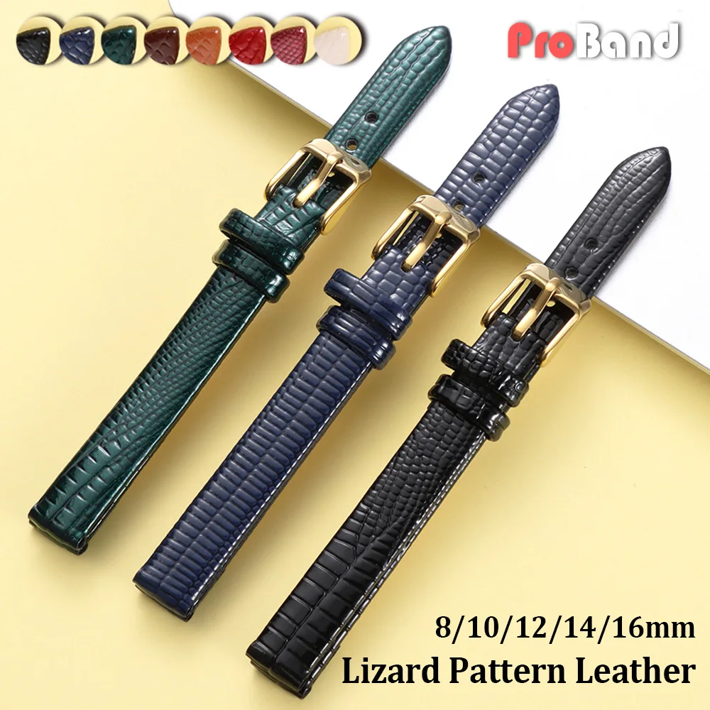 

Lizard Pattern Women Men Pin Buckle Watch Band Ultra-thin Leather Strap 8 10 12mm 14mm 16mm Slim Universal Waterproof Wristbands
