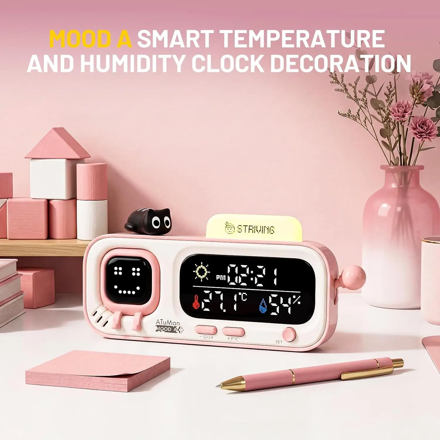 

ATuMan Mooda Smart Thermometer Hygrometer Clock with Retro Pixel Display Mechanical Joystick, Desk Gadget