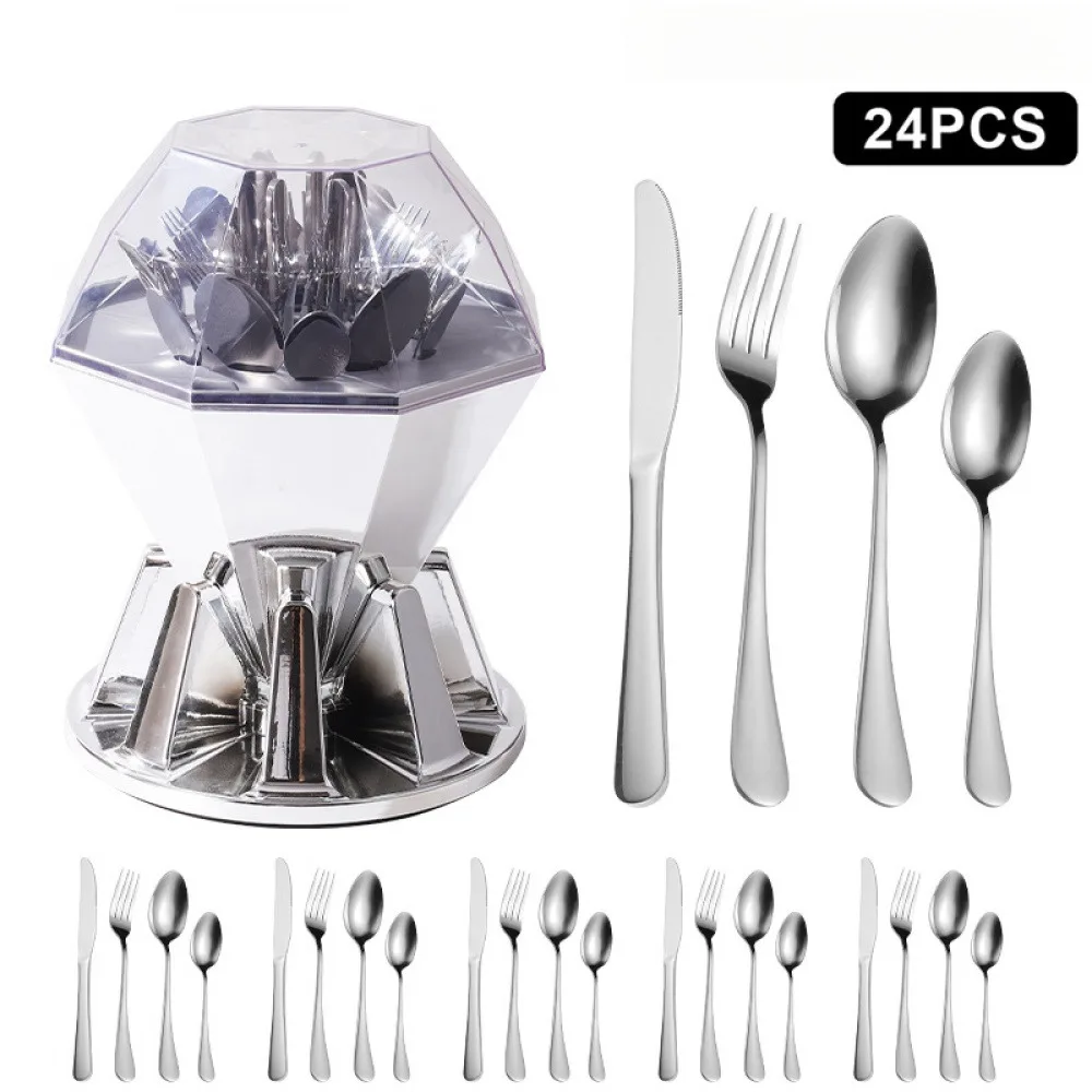 

24pcs Stainless Steel Cutlery Set, Including Knives, Forks, and Spoons, Western Dinner 6Sets European-Style Diamond,for Gift
