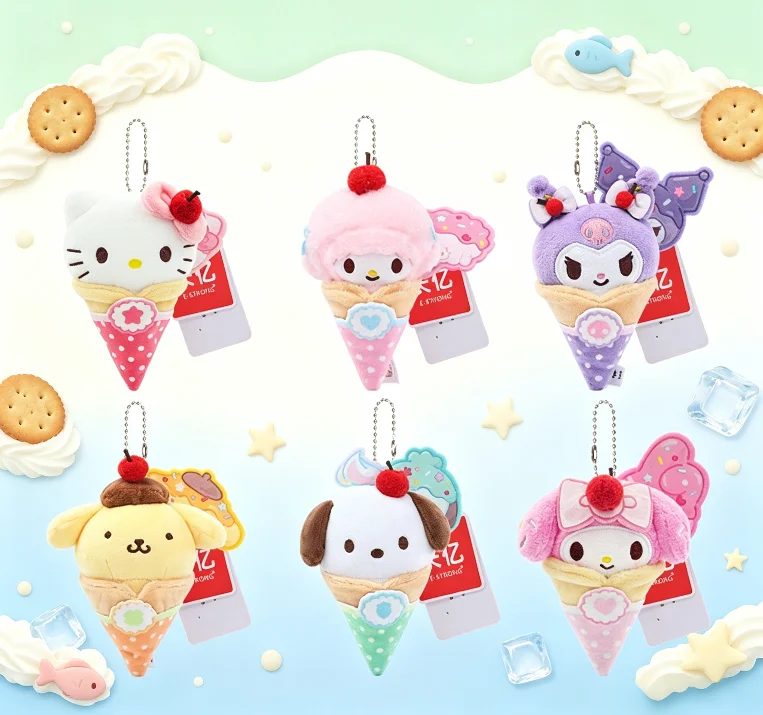 Genuine Sanrio Crepe Series Plush Bag Charm, Dessert‑Inspired Cute Detail Side‑Pose Keychain, Fuzzy Plush Surface, Firm Connecti