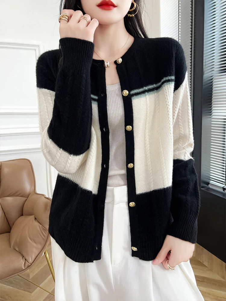 Color blocking round neck 100% wool autumn and winter new style elegant knitted cardigan small fragrant style versatile top