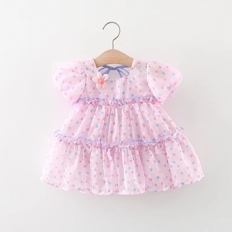 Summer girl dress baby girl three-dimensional flower polka dot lace bubble sleeve back strap princess dress