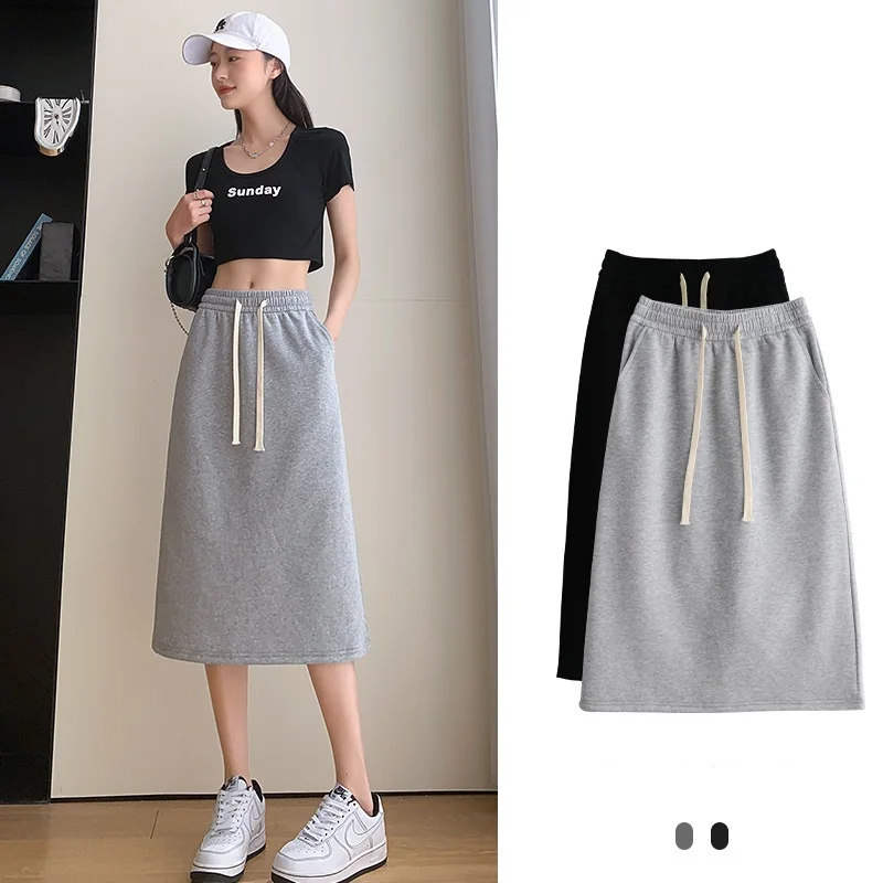 Elastic Waist Lace up Sports Skirts For Woman Spring Summer Loose Casual Buttocks A-line Long Skirt With Pockets Slimming Skirt