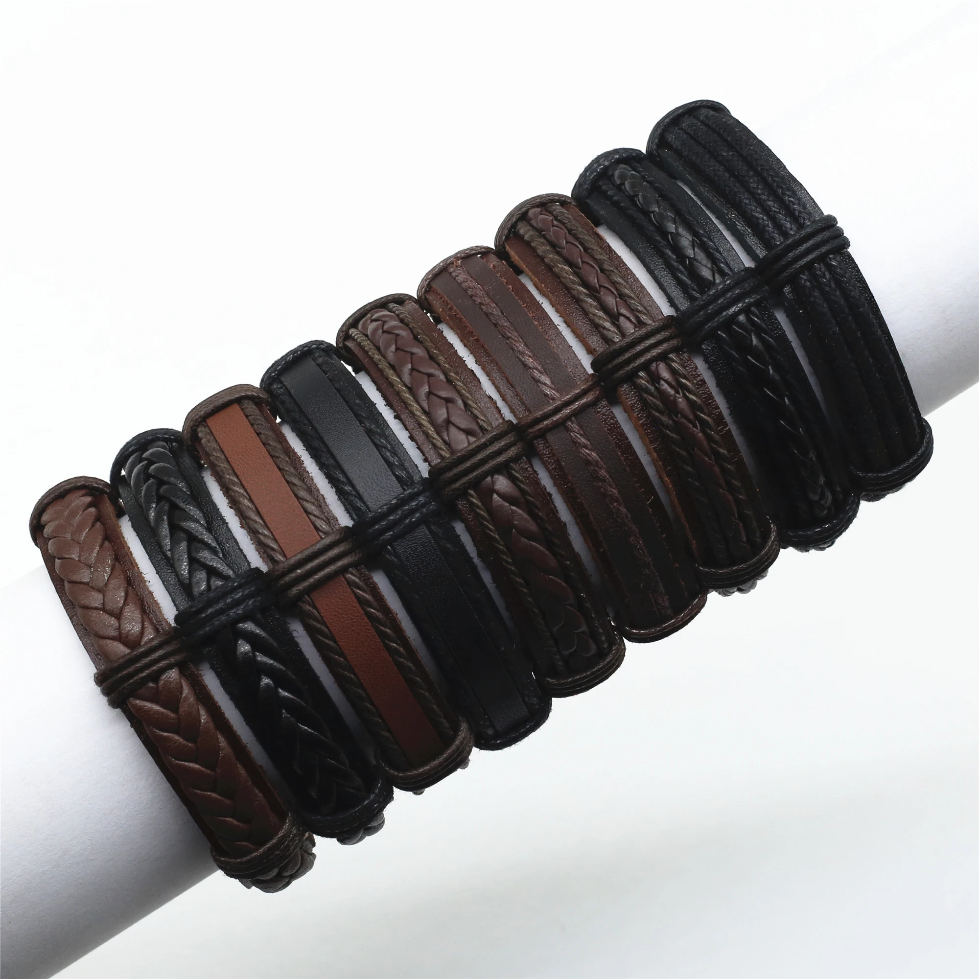 WESTBULL Genuine Leather Braided Wrap Bracelets Men Brown Khaki Vintage Wristbands Women Bangle Homme Male Wholesale Jewelry