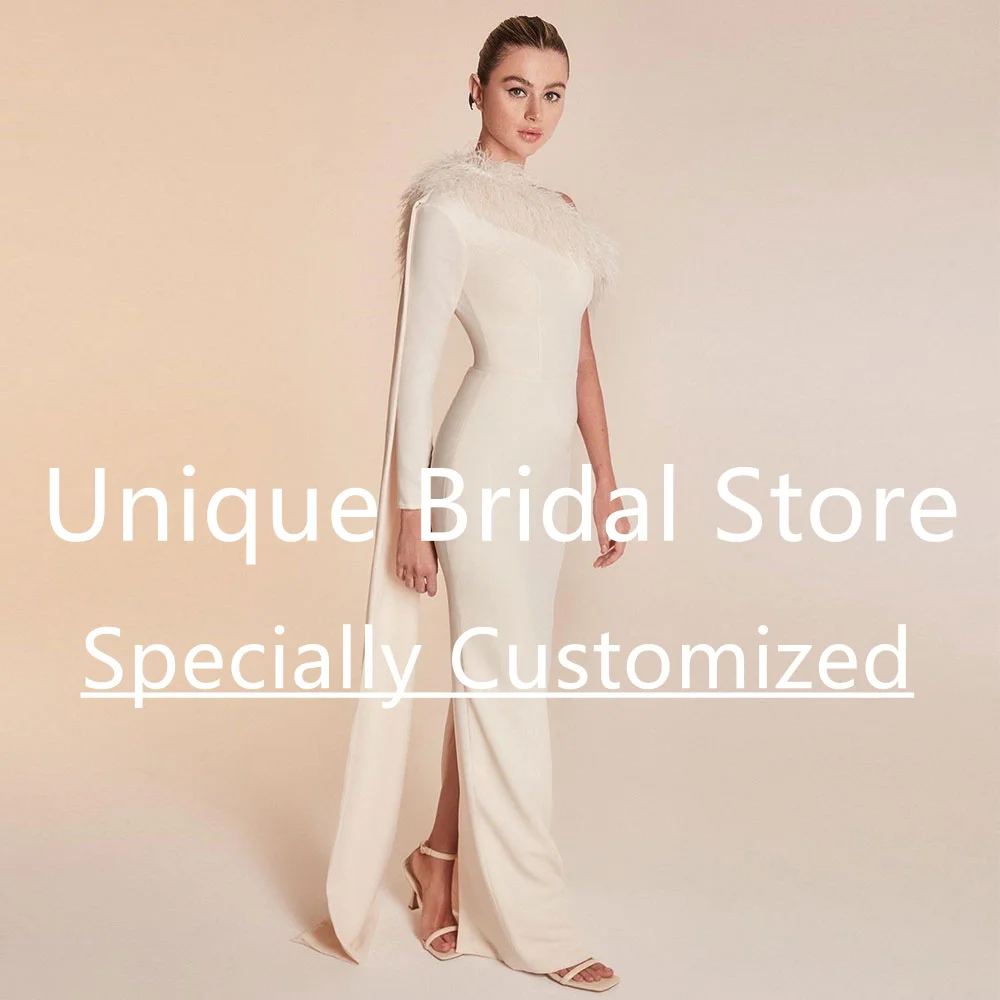 

Customized CustomizedMermaid Jersey Wedding Dress One Shoulder Long Sleeve Draped With Feather Back Split Zipper Sexy Women's El